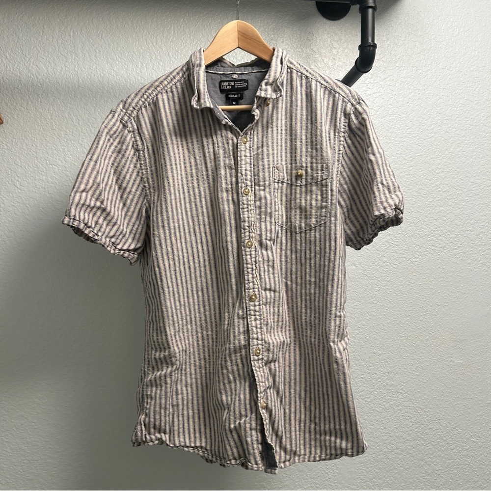 Sandstone & Co Linen Blend Button up Shirt Men’s Size Medium Cream/ Blue Stripes